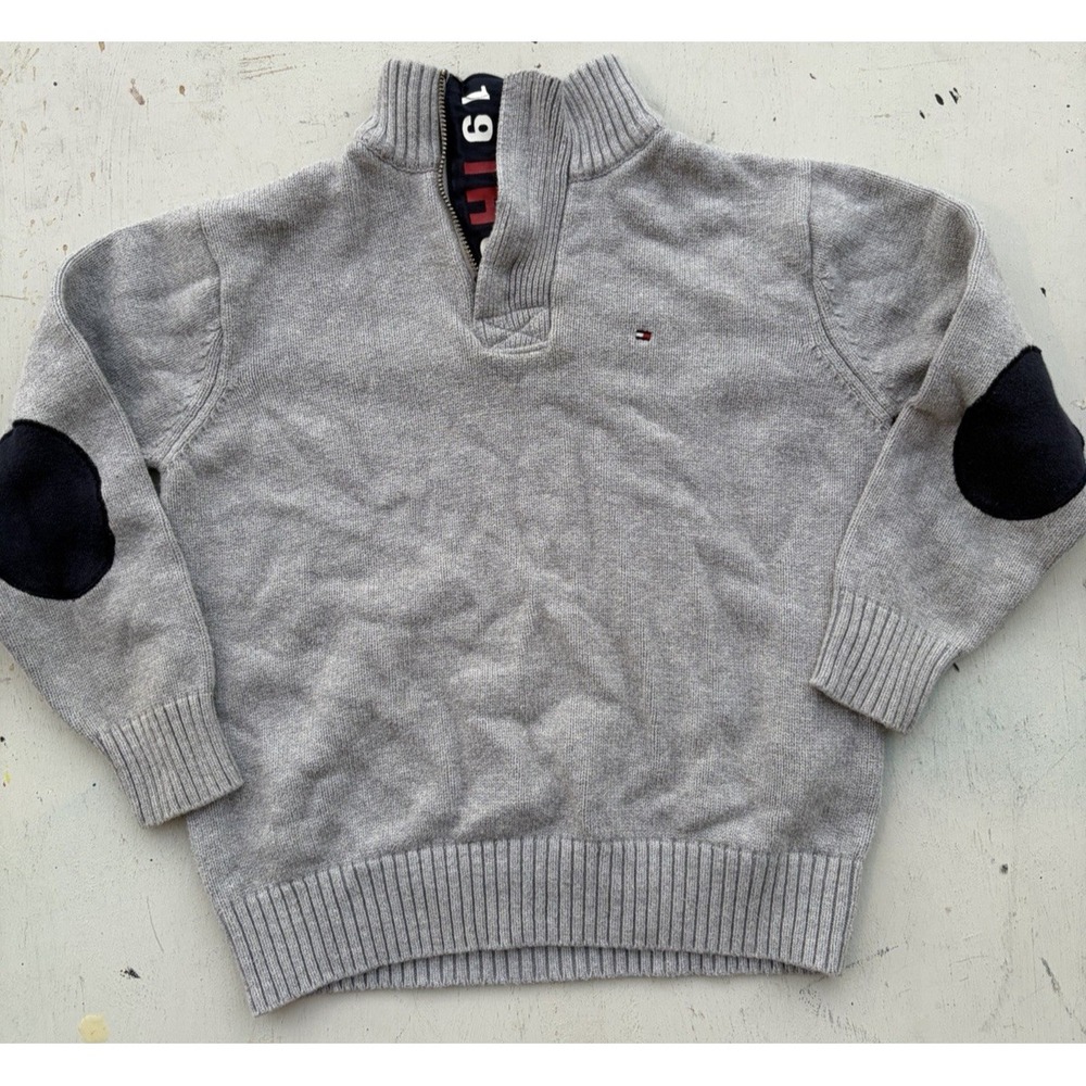 Kid's Tommy Hilfiger Sweater Gray Logo 7 Preppy Luxury Academia Professor Elbow